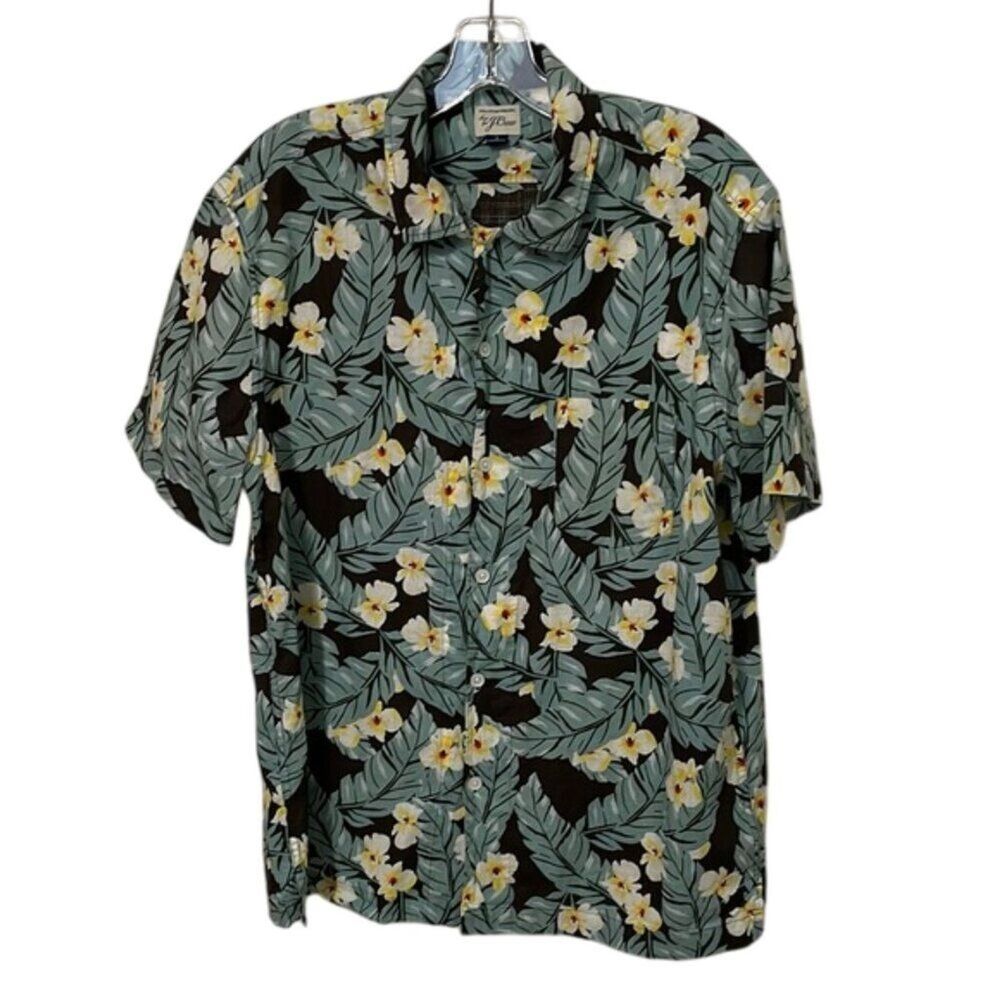 J. Crew Green and Black Hawaiian Floral Casual Button Up Shirt Mens Size Large